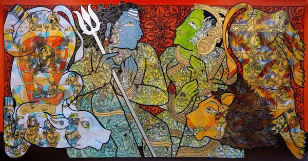 Religious acrylic painting titled 'Lord Shiva', 36x72 inch, by artist Ramesh Gorjala on Canvas