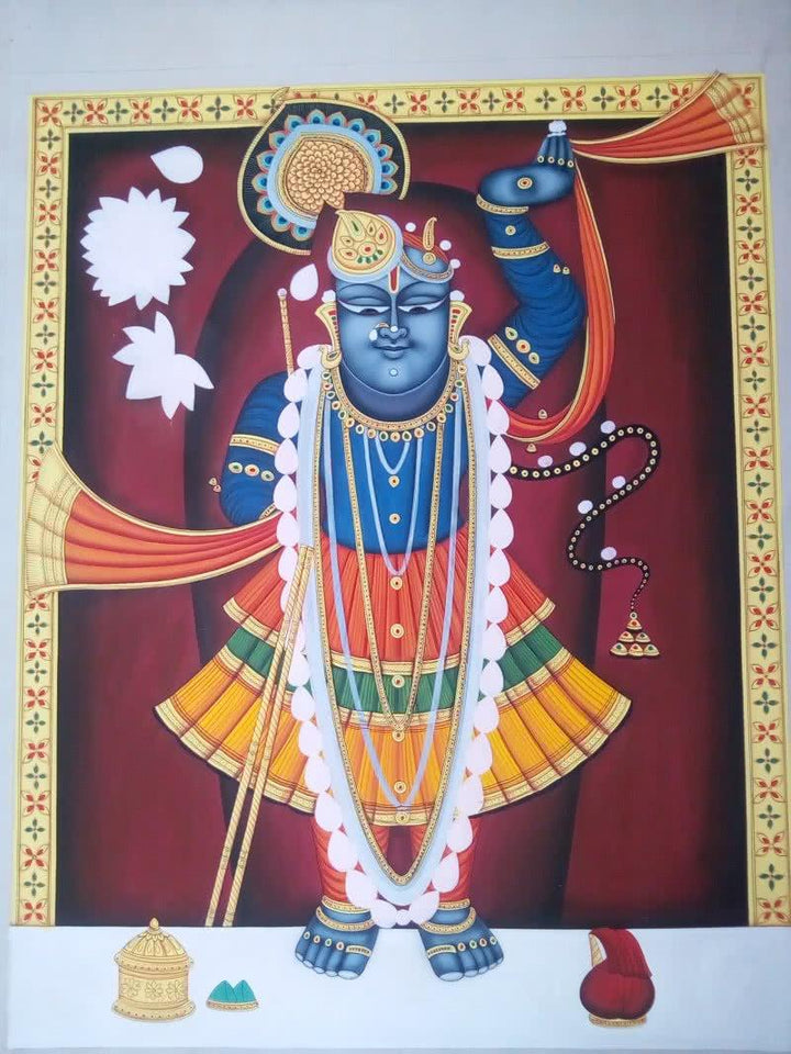 Religious tribal painting titled 'Lord Sreenath', 36x24 inches, by artist Rajendra Khanna on Cloth