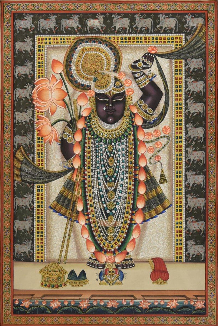 Folk Art tribal painting titled 'Lord Sreenath ji Pichwai Art', 24x36 inches, by artist Artisan on Cloth