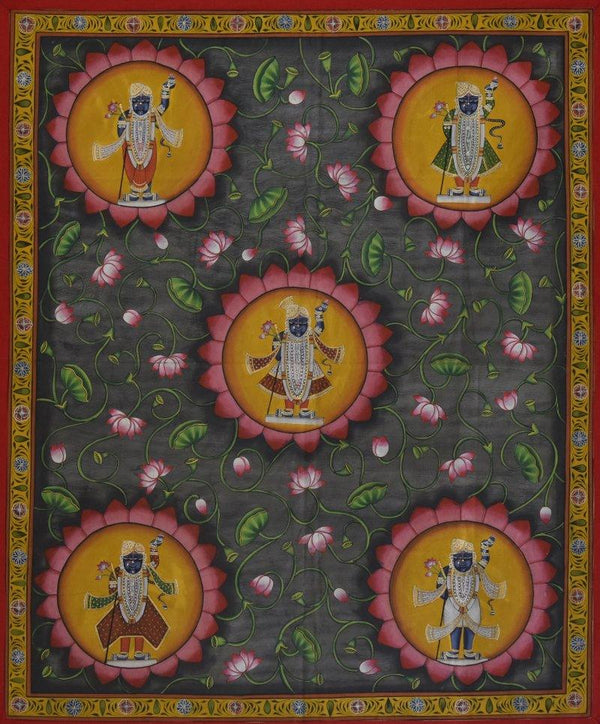 Folk Art tribal painting titled 'Lord Srinathji Pichwai Art', 37x45 inches, by artist Artisan on Cloth