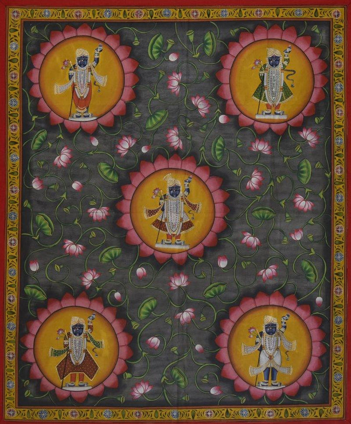 Folk Art tribal painting titled 'Lord Srinathji Pichwai Art', 37x45 inches, by artist Artisan on Cloth