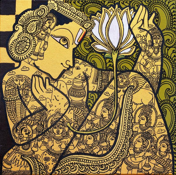 Religious acrylic painting titled 'Lord Vishnu', 12x12 inch, by artist Ramesh Gorjala on Canvas