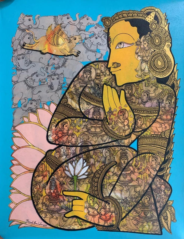 Religious acrylic painting titled 'Lord Vishnu 3', 36x27 inches, by artist Ramesh Gorjala on Canvas