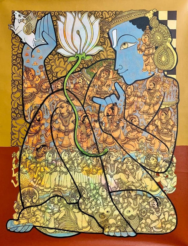 Religious acrylic painting titled 'Lord Vishnu 6', 37x26 inches, by artist Ramesh Gorjala on Canvas