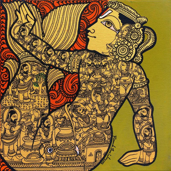 Religious acrylic painting titled 'Lord Vishnu With Matsya Avatar', 12x12 inch, by artist Ramesh Gorjala on Canvas