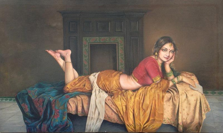 Figurative oil painting titled 'Lost In Thoughts', 38x62 inches, by artist Shyam Verma on Canvas