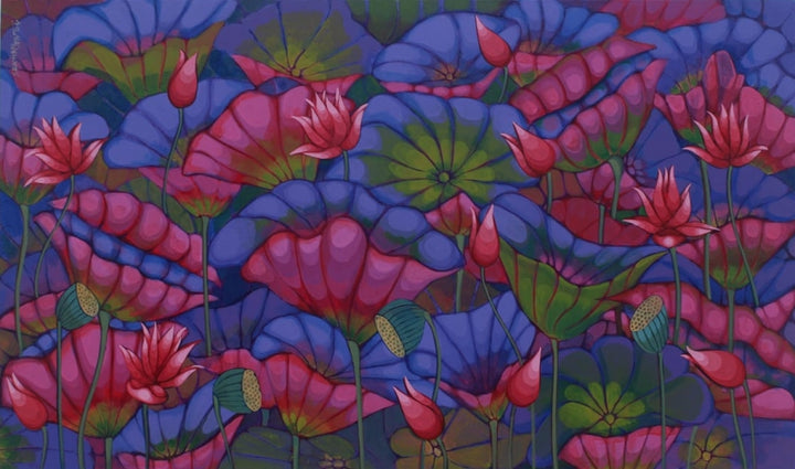 Nature acrylic painting titled 'Lotus', 36x60 inch, by artist Sekhar Roy on Canvas