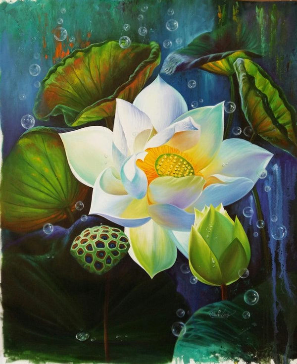 Nature acrylic oil painting titled 'Lotus 2', 34x26 inches, by artist Pradeep Kumar on Canvas