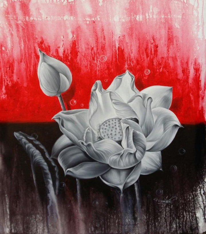 Nature acrylic oil painting titled 'Lotus 3', 34x26 inches, by artist Pradeep Kumar on Canvas