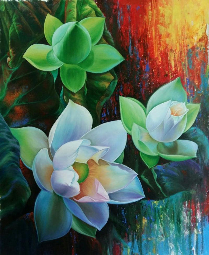 Nature acrylic oil painting titled 'Lotus 4', 34x26 inches, by artist Pradeep Kumar on Canvas