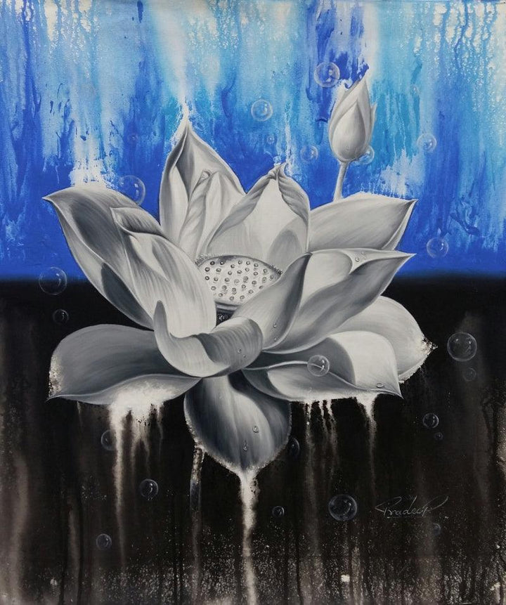 Nature acrylic oil painting titled 'Lotus 5', 34x26 inches, by artist Pradeep Kumar on Canvas