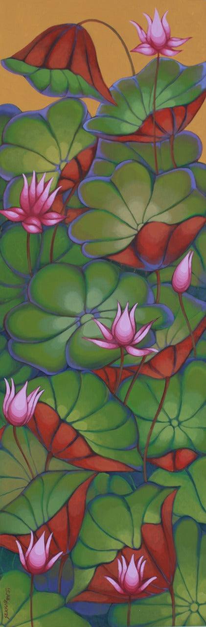 Nature acrylic painting titled 'Lotus 8', 72x24 inches, by artist Sekhar Roy on Canvas