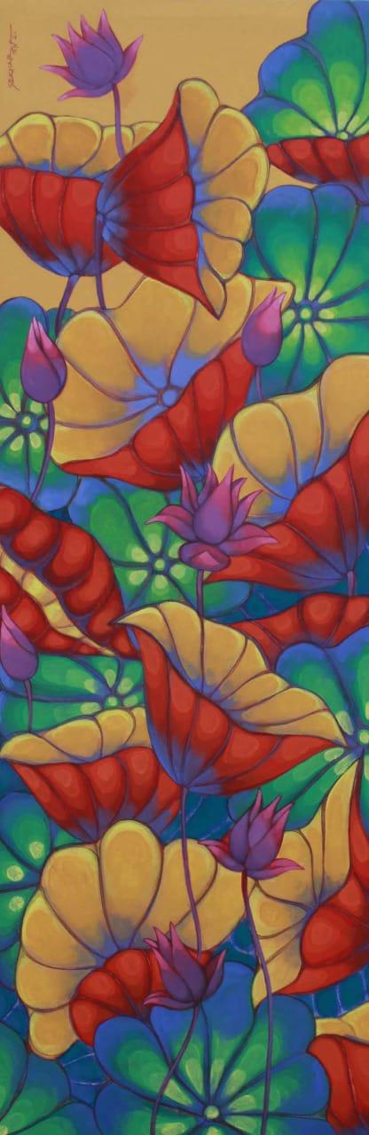 Nature acrylic painting titled 'Lotus 9', 72x24 inches, by artist Sekhar Roy on Canvas