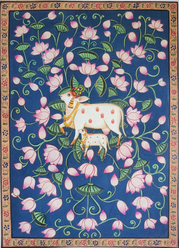 Religious pichwai traditional art titled 'Lotus Cow Pichwai', 14x10 inches, by artist Pichwai Art on Cloth