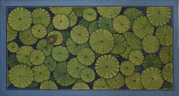 Nature mixed media painting titled 'Lotus Leaves Pichwai', 39x21 inches, by artist Pushkar Lohar  Pichwai on Cloth