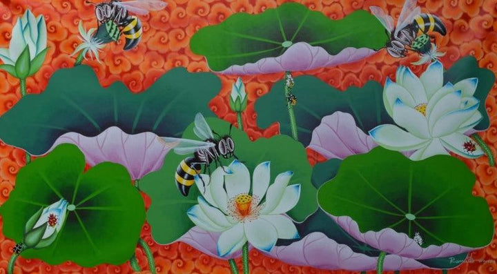 Nature acrylic painting titled 'Lotus Pond 1', 27x48 inches, by artist Ramu Das on Canvas