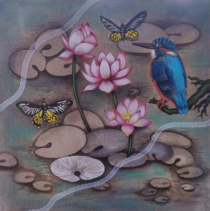 Animals acrylic painting titled 'Lotus Pond', 24x24 inch, by artist Shyamali Paul on Canvas