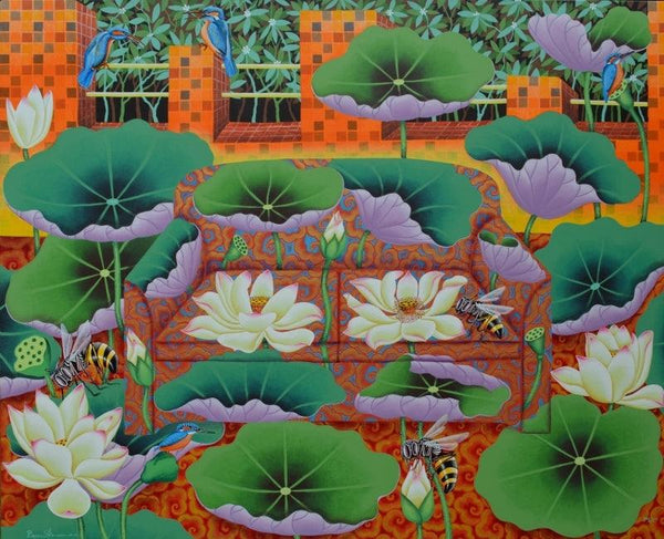 Nature acrylic painting titled 'Lotus Pond 2', 54x60 inches, by artist Ramu Das on Canvas