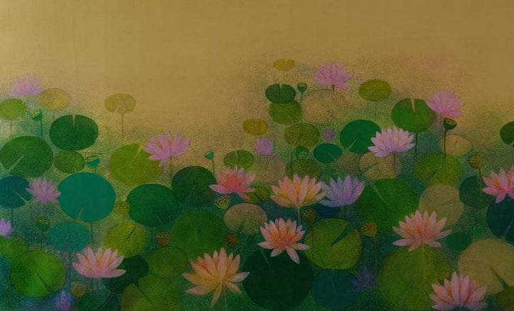 Nature acrylic painting titled 'Lotus Pond 3', 36x60 inches, by artist Ranjith Patil on Canvas