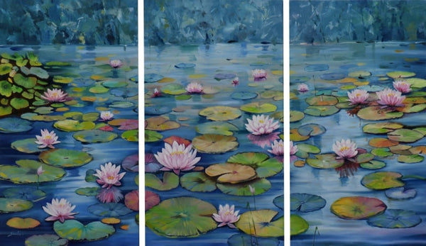 Nature oil painting titled 'Lotus Pond 33 (Triptych)', 30x60 inch, by artist Sulakshana Dharmadhikari on Canvas