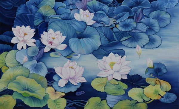 Nature oil painting titled 'Lotus Pond 36', 36x60 inches, by artist Sulakshana Dharmadhikari on Canvas