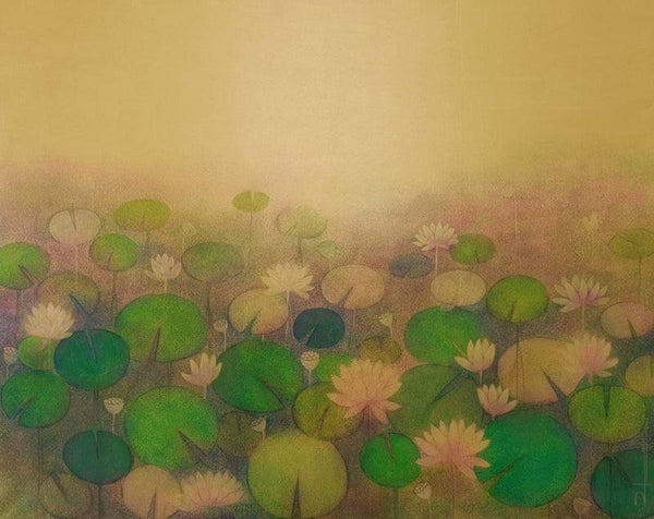 Nature acrylic painting titled 'Lotus Pond 4', 48x72 inches, by artist Ranjith Patil on Canvas