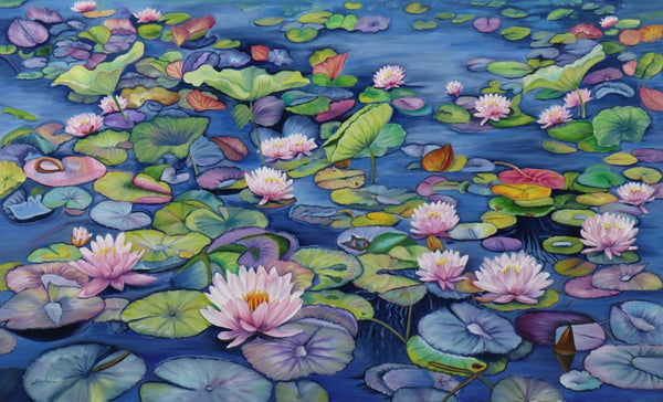 Nature oil painting titled 'Lotus Pond 40', 36x60 inch, by artist Sulakshana Dharmadhikari on Canvas