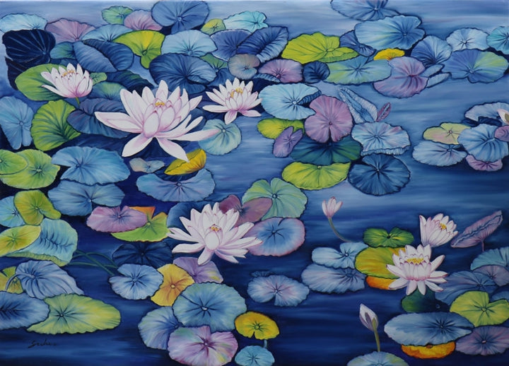 Nature oil painting titled 'Lotus Pond 42', 30x42 inch, by artist Sulakshana Dharmadhikar on Canvas