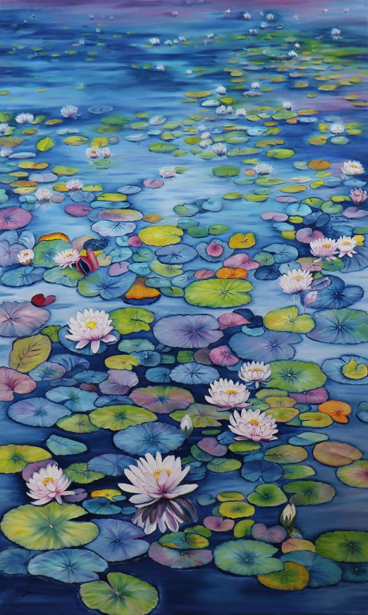 Nature oil painting titled 'Lotus Pond 43', 60x36 inch, by artist Sulakshana Dharmadhikar on Canvas