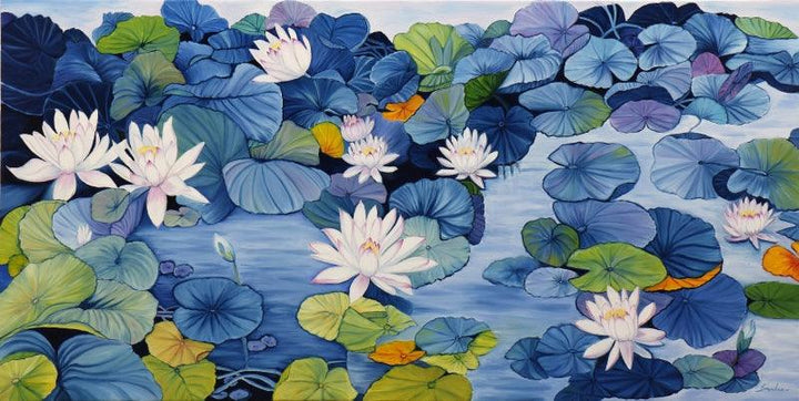 Nature oil painting titled 'Lotus Pond 5', 30x60 inches, by artist Sulakshana Dharmadhikari on canvas