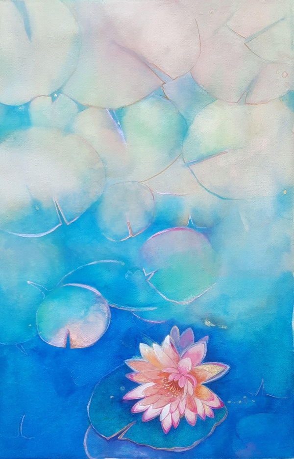 Nature watercolor painting titled 'Lotus Pond', 22x14 inch, by artist Surekhah Matt on Arches Paper