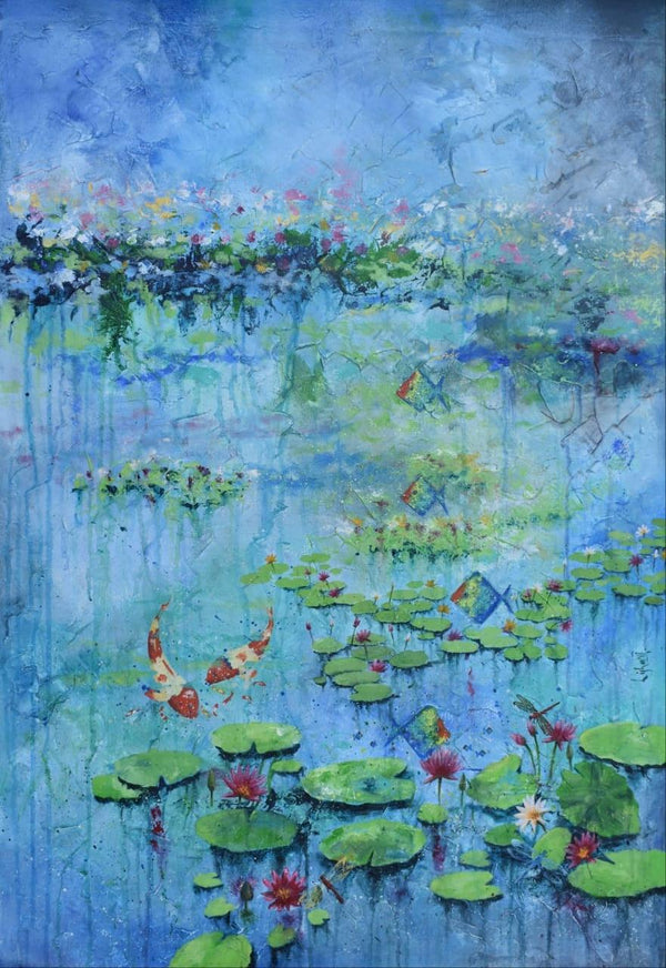 Abstract acrylic painting titled 'Lotus pond', 37x25 inches, by artist Lisha N T on Canvas