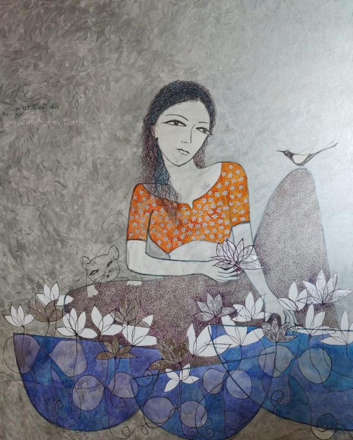 Figurative acrylic painting titled 'Lotus Seller', 60x48 inches, by artist Bhavana Sonawane on Canvas