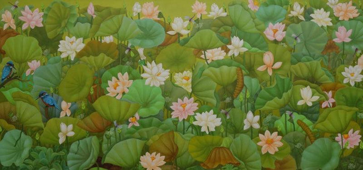 Animals acrylic painting titled 'Lotus Series 2', 45x95 inches, by artist Roy K John on Canvas