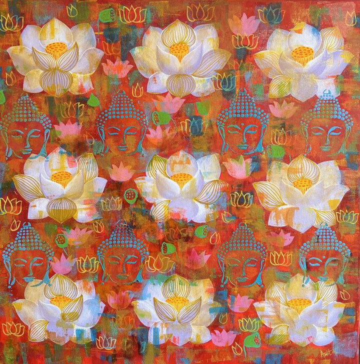 Nature acrylic painting titled 'Lotus Sutra', 30x30 inches, by artist Amita Dand on Canvas