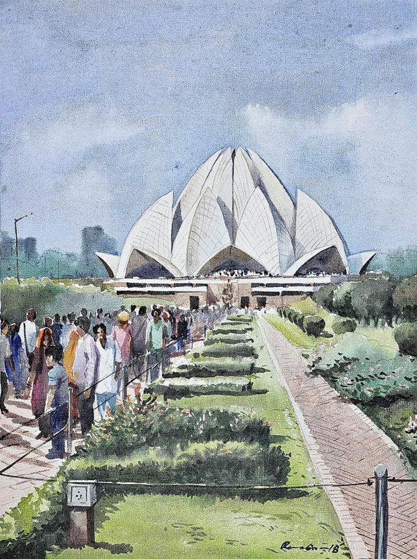 Cityscape acrylic painting titled 'Lotus Temple', 24x18 inches, by artist Ranabir Saha on Canvas