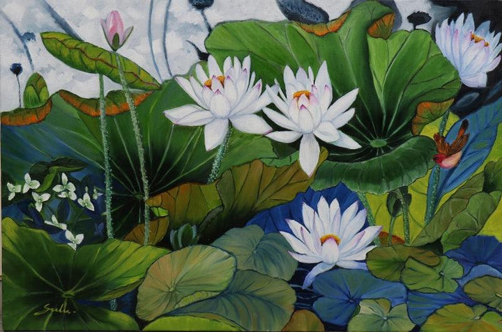 Landscape oil painting titled 'Lotus With Bird 2', 36x24 inches, by artist Sulakshana Dharmadhikari on canvas