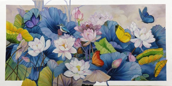 Nature oil painting titled 'Lotus With Butterfles And Bird', 72x36 inches, by artist Sulakshana Dharmadhikari on canvas