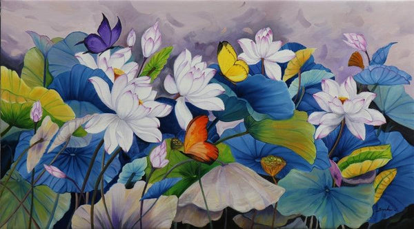 Nature oil painting titled 'Lotus With Butterflies', 54x30 inches, by artist Sulakshana Dharmadhikari on canvas