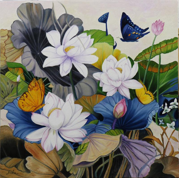 Landscape oil painting titled 'Lotus With Butterfly 14', 30x30 inches, by artist Sulakshana Dharmadhikari on Canvas