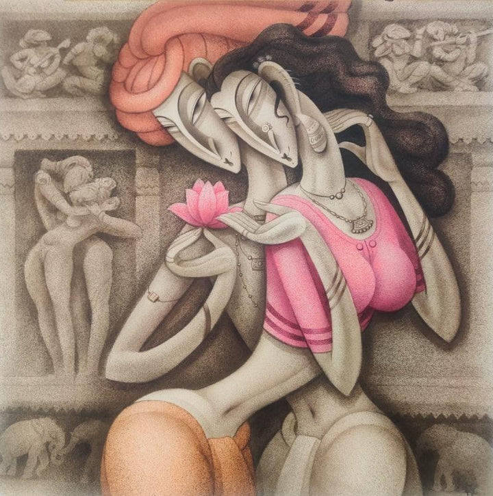 Figurative acrylic painting titled 'Love At Khajuraho', 36x36 inches, by artist Ramesh Pachpande on Canvas