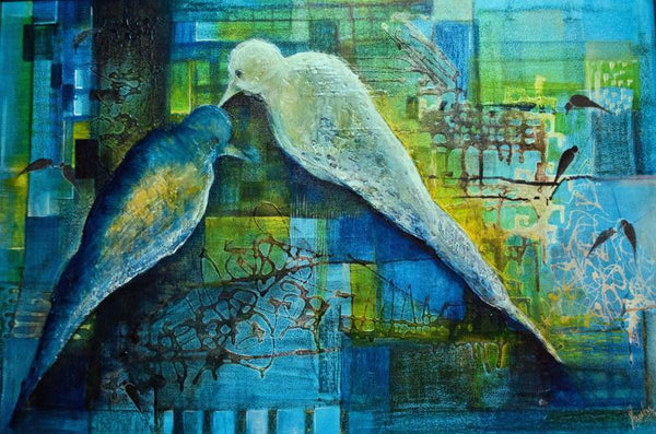 Animals mixed media painting titled 'Love Birds', 24x36 inches, by artist Shuchi Khanna on Canvas