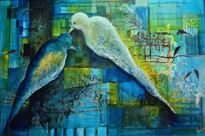 Animals mixed media painting titled 'Love Birds', 24x36 inches, by artist Shuchi Khanna on Canvas