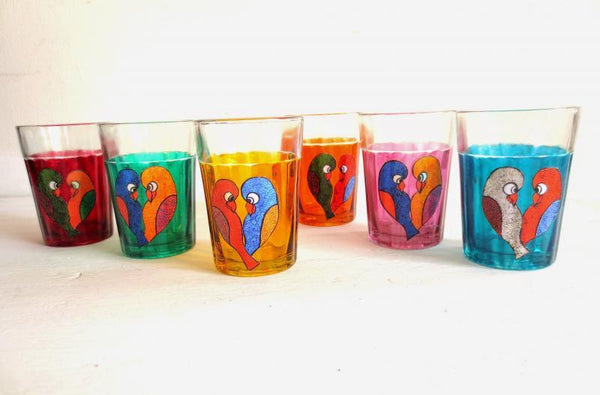 Lifestyle craft titled 'Love Birds Cutting Chai Glasses', 3x2x2 inches, by artist Rithika Kumar on Glass