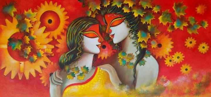 Religious acrylic painting titled 'Love Blossoms 6', 24x53 inches, by artist Susmita Mandal on Canvas