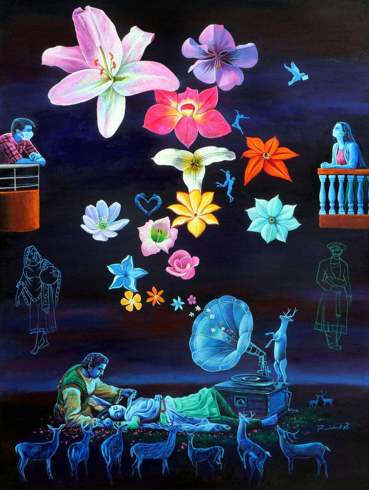 Figurative acrylic painting titled 'Love In Corona Time 2020', 48x36 inches, by artist Rawindra Das on Canvas