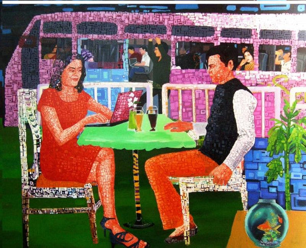 Figurative acrylic painting titled 'Love In Metro', 48x60 inches, by artist Azizur Rahman on Canvas