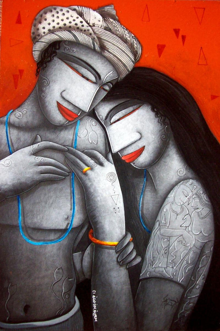 Figurative acrylic painting titled 'Love Iv', 12x18 inches, by artist Samir Sarkar on Paper