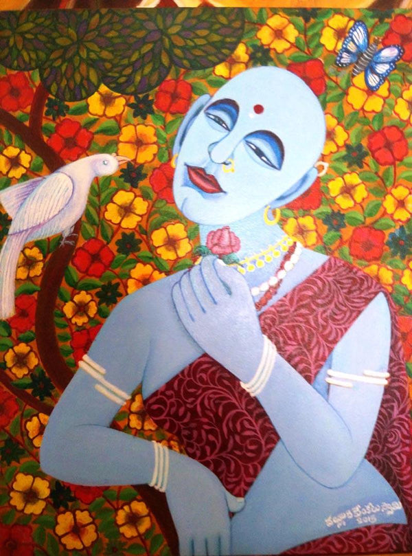 Figurative acrylic painting titled 'Love Message Through Parrot', 18x14 inches, by artist V.v. Swamy on Canvas