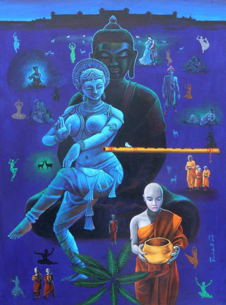 Religious acrylic painting titled 'Love Of Amrpaali 2020', 48x36 inches, by artist Rawindra Das on Canvas